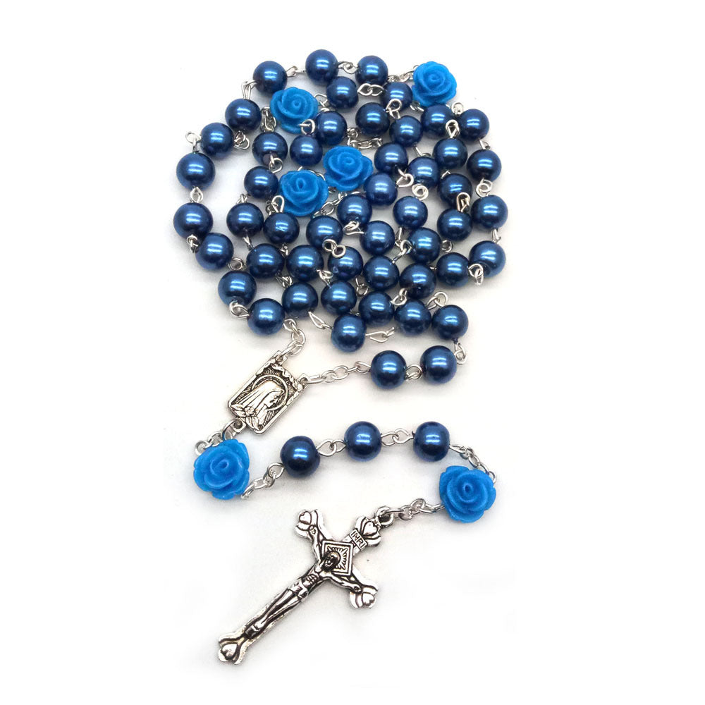 Cross-Border Pearl Rose Bead Necklace with Cross