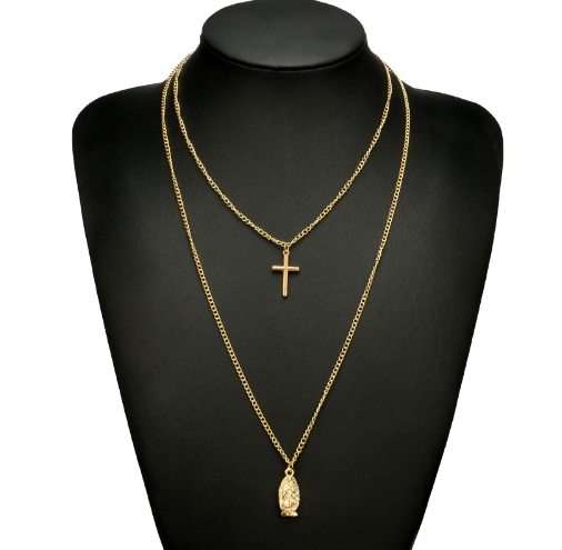 Cross Pendant Necklace with Virgin Mary Double Layer