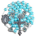 HanlinCC Glass Pearl Beads with Miraculous Epoxy Heart Metal Beads Rosary Necklace pack in Velvet Gift Bag with Rosary Pray Card (Blue)