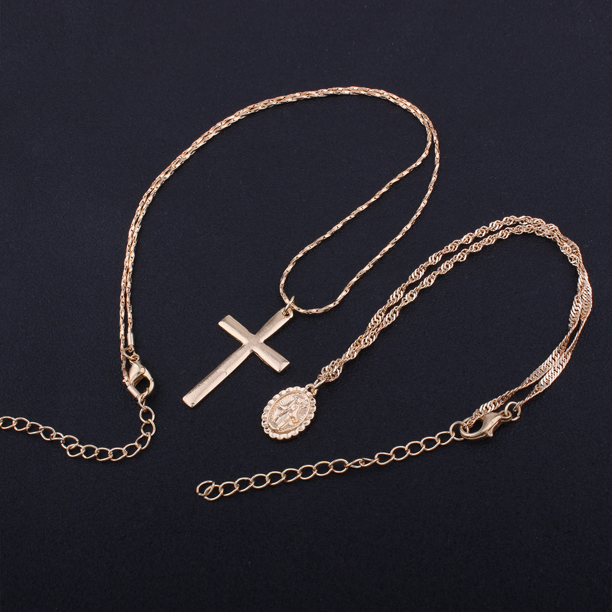 Cross Virgin Mary Pendant, Cross Necklace, Layered Coin Necklace
