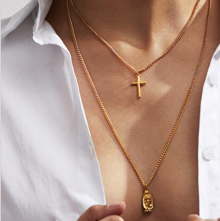 Cross Pendant Necklace with Virgin Mary Double Layer