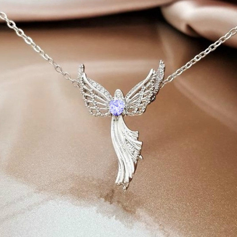 Mary Pendant with Angel Wings and Zirconia Necklace