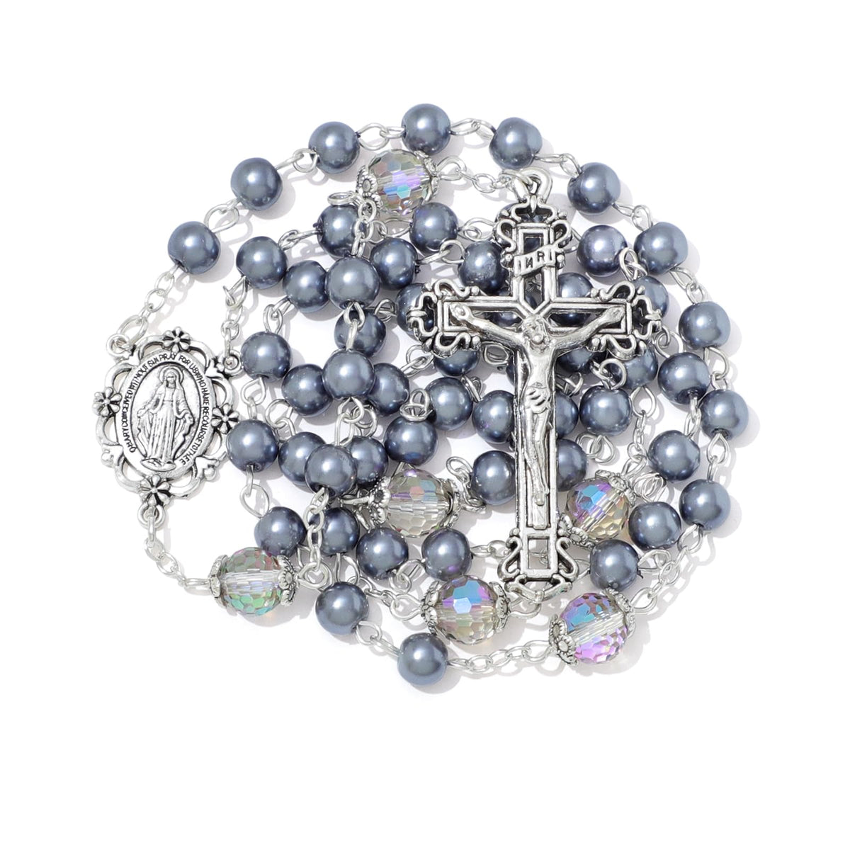 KOMI 6 MM Glass Pearl Rosary Beads Necklace Color Crystallized Beads Catholic Rosary for Women with Velvet Bag Religious Gifts