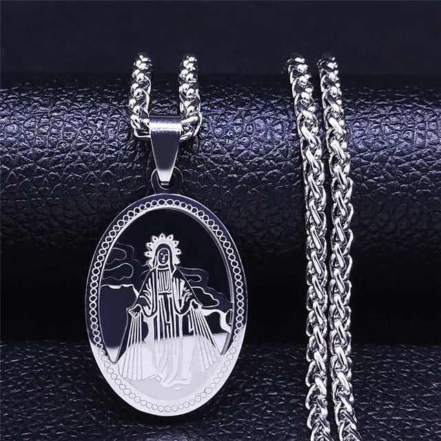 Vintage Square Medal Necklace with Virgin Mary Prayer