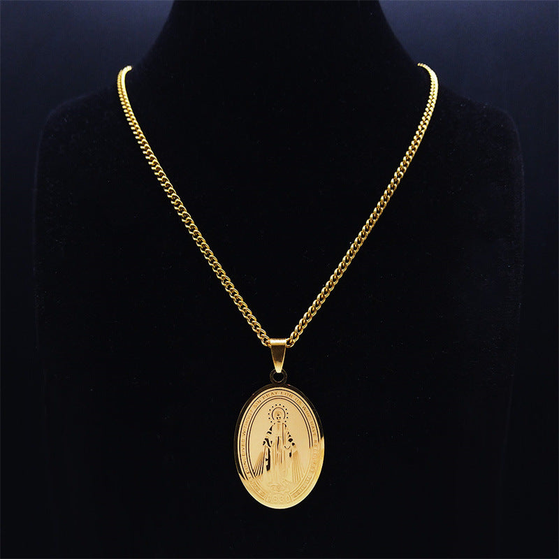 Oval Medal Necklace with Virgin Mary Prayer in Gold
