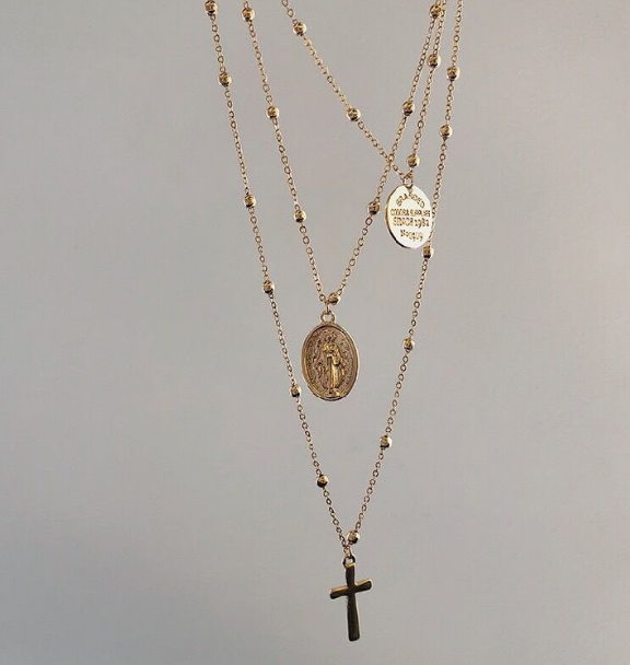 Virgin Mary Cross Necklace - Vintage Layered Coin Chain
