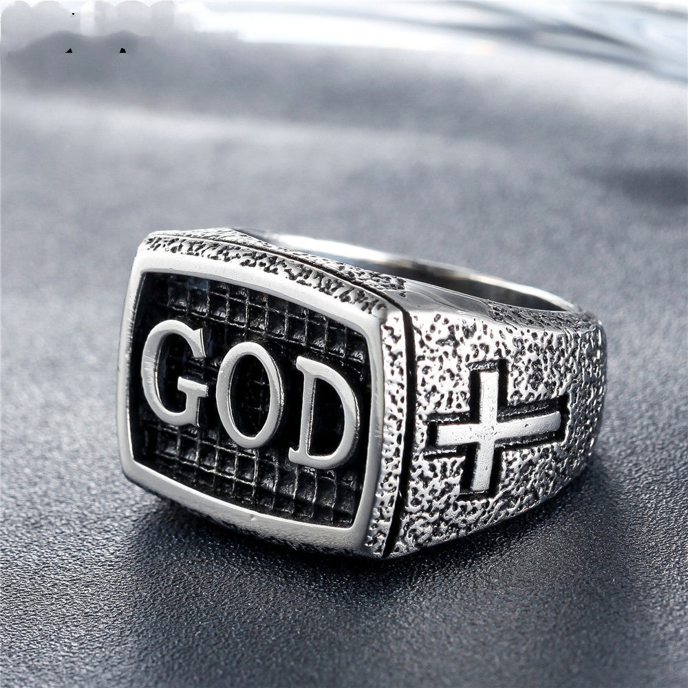 Retro Religious Cross God Men's Titanium Steel Ring
