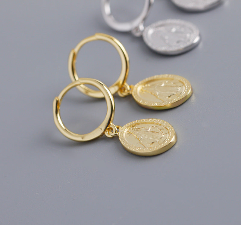 S925 Silver Earrings with Saint Mary Coin Design