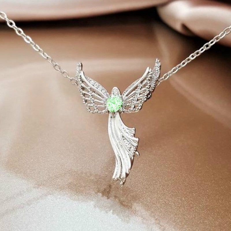 Mary Pendant with Angel Wings and Zirconia Necklace