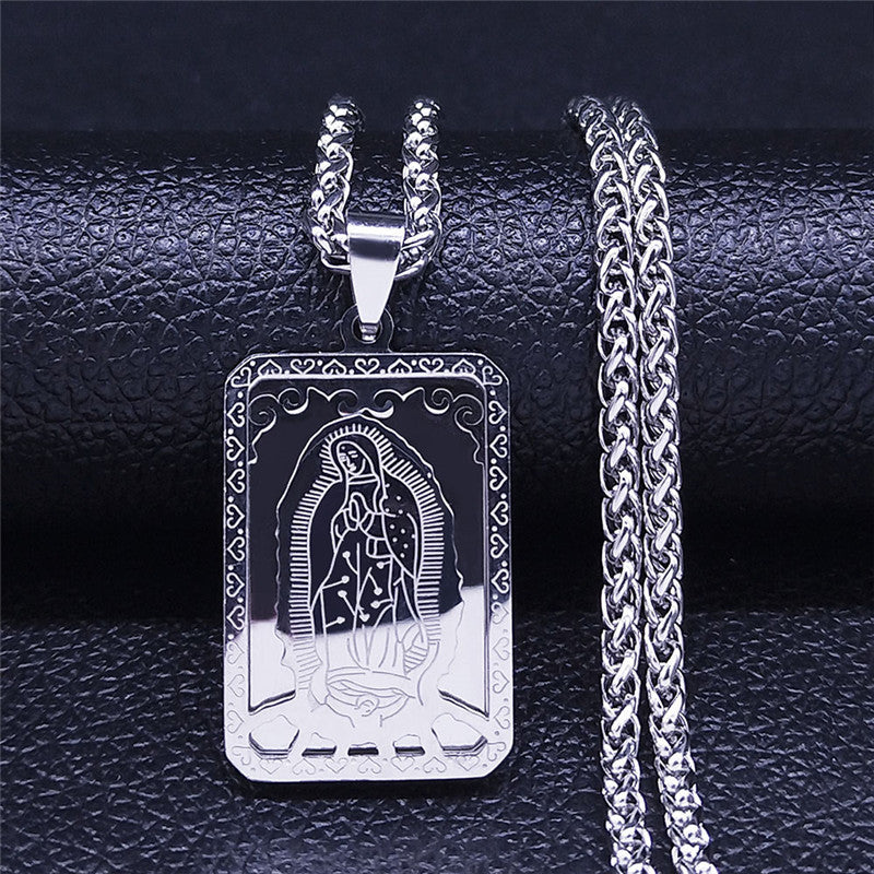 Vintage Square Medal Necklace with Virgin Mary Prayer