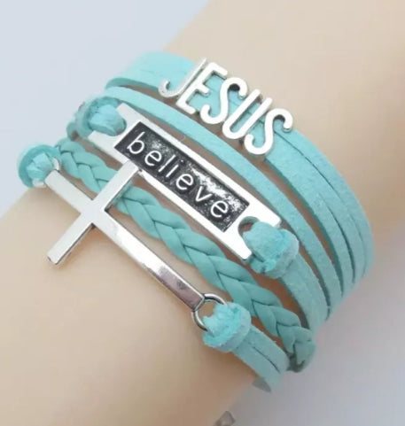 Religious Bracelet with Woven JESUS and Cross Design