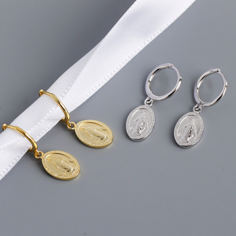 S925 Silver Earrings with Saint Mary Coin Design