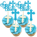 Gyufise 24Pcs God Bless and Baptism Cupcake Toppers Cross God Bless Cupcake Picks Christian Party Cake Decoration for Christian First Communion Baptism Party Supplies Blue