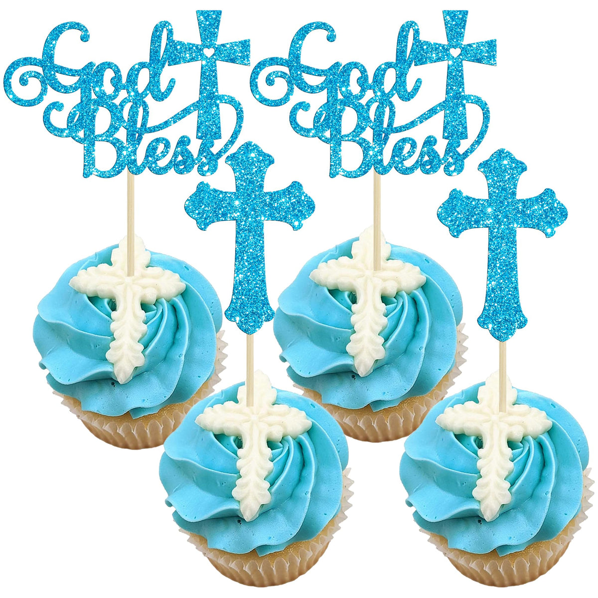 Gyufise 24Pcs God Bless and Baptism Cupcake Toppers Cross God Bless Cupcake Picks Christian Party Cake Decoration for Christian First Communion Baptism Party Supplies Blue