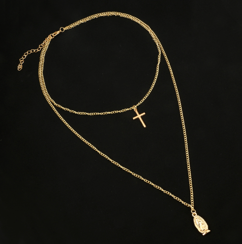 Cross Pendant Necklace with Virgin Mary Double Layer