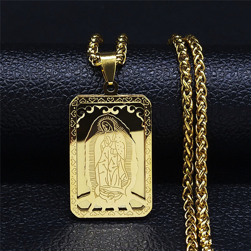 Vintage Square Medal Necklace with Virgin Mary Prayer
