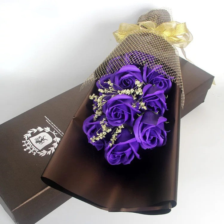 11 Preserved Soap Rose Flowers Gift Box in Blue Purple