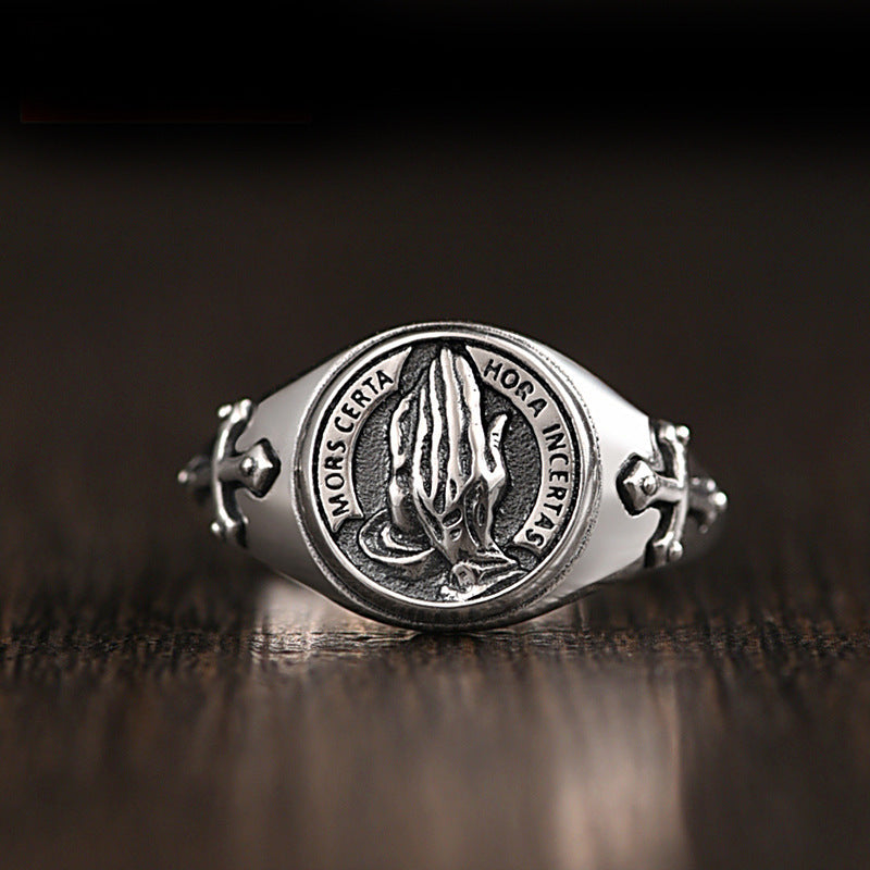 S925 Silver Men's Ring - Vintage Prayer Hand Design