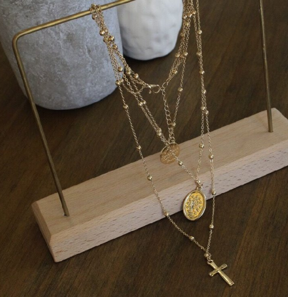 Virgin Mary Cross Necklace - Vintage Layered Coin Chain