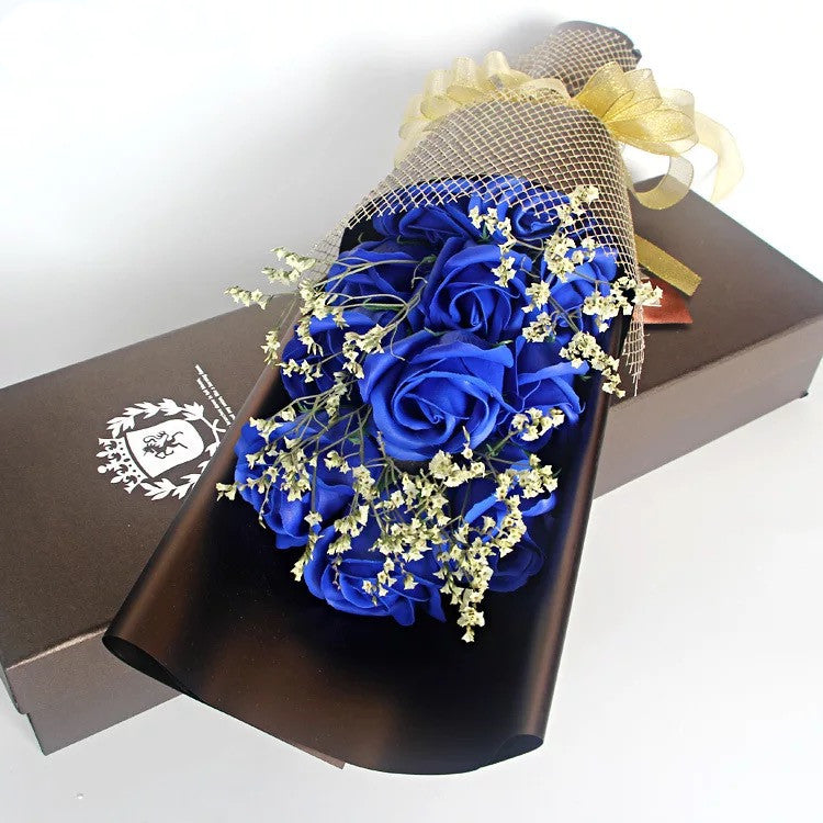 11 Preserved Soap Rose Flowers Gift Box in Blue Purple