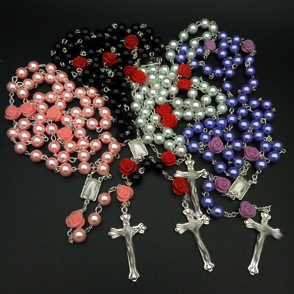 Cross-Border Pearl Rose Bead Necklace with Cross