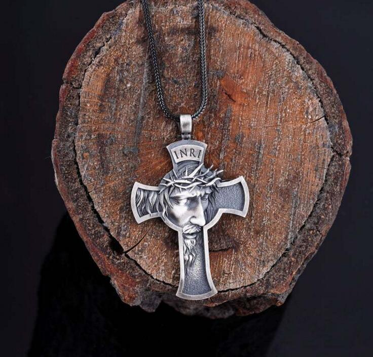 Vintage Jesus Cross Necklace with Leather Cord