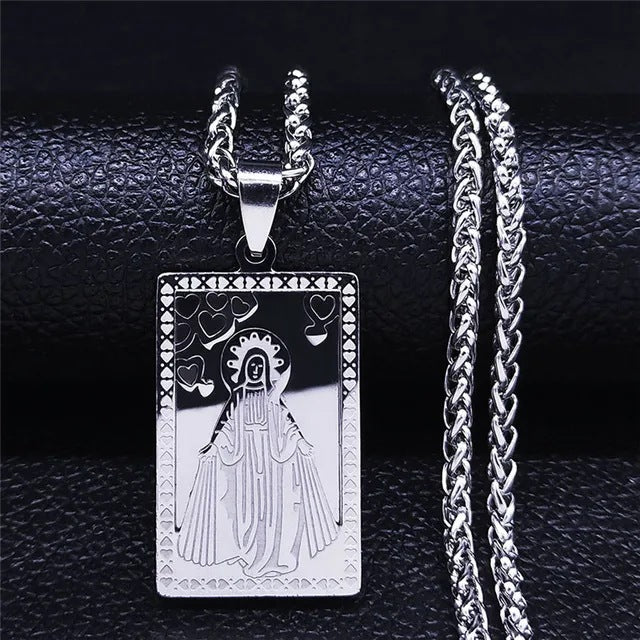 Vintage Square Medal Necklace with Virgin Mary Prayer