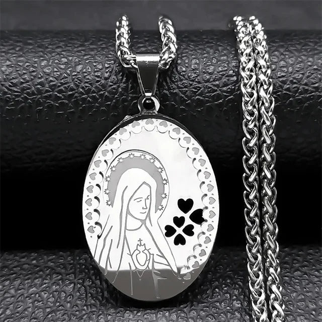 Vintage Square Medal Necklace with Virgin Mary Prayer