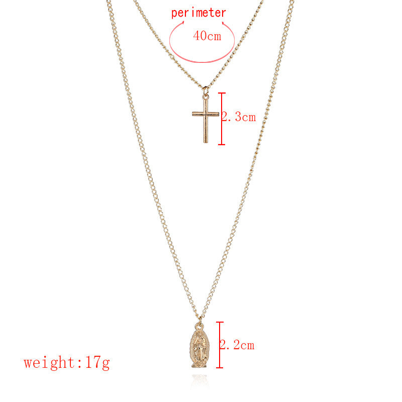 Cross Pendant Necklace with Virgin Mary Double Layer