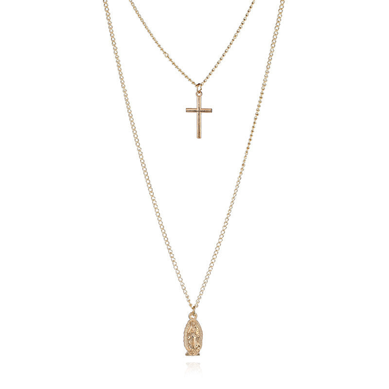 Cross Pendant Necklace with Virgin Mary Double Layer