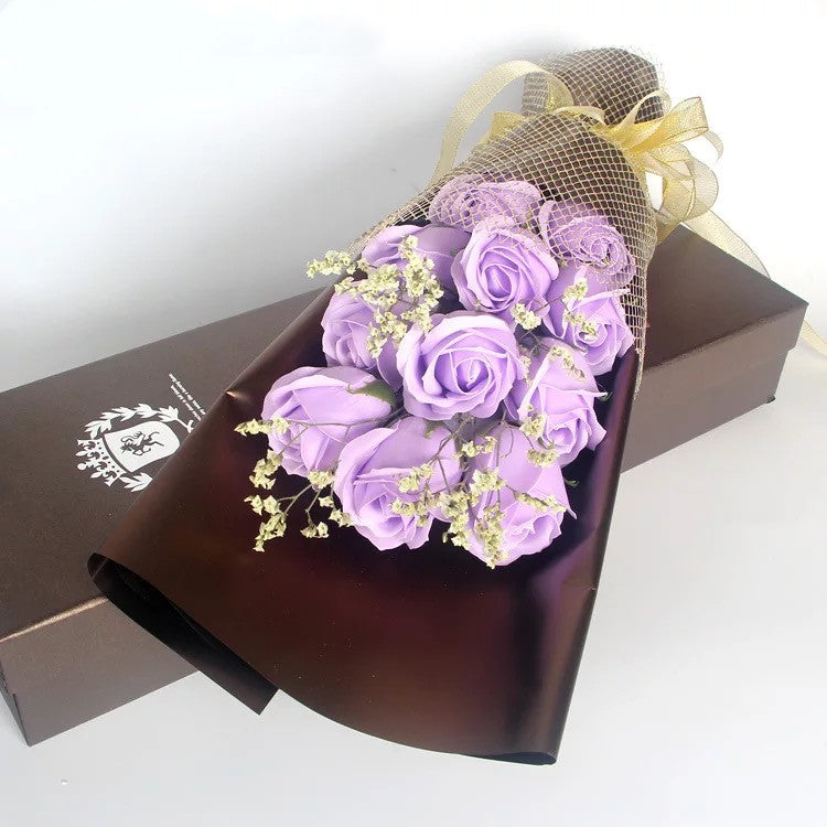 11 Preserved Soap Rose Flowers Gift Box in Blue Purple