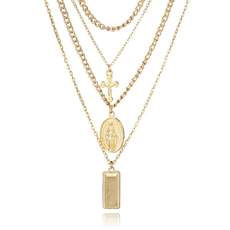 Multi-Layer Necklace with Cross and Virgin Mary Design