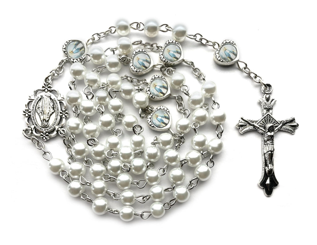 Catholic Rosary White Glass Pearl Beads Necklace for WomenFirst Communion Rosary Virgin Mary Rosaries Necklace Gift for Women Miraculous Mary Medal and Cross Crucifix Rosary Necklace