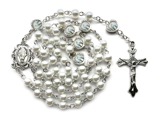 Catholic Rosary White Glass Pearl Beads Necklace for WomenFirst Communion Rosary Virgin Mary Rosaries Necklace Gift for Women Miraculous Mary Medal and Cross Crucifix Rosary Necklace