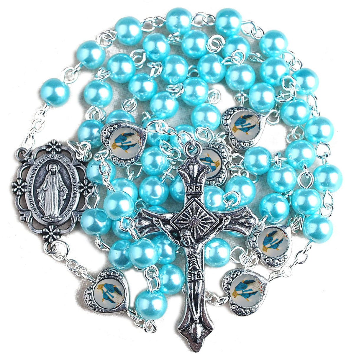 HanlinCC Glass Pearl Beads with Miraculous Epoxy Heart Metal Beads Rosary Necklace pack in Velvet Gift Bag with Rosary Pray Card (Blue)