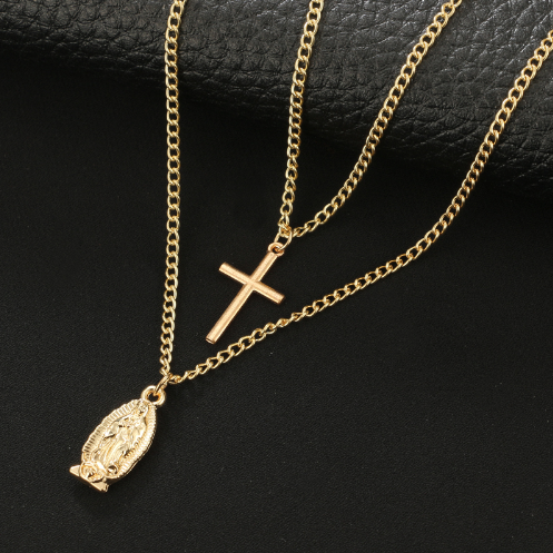 Cross Pendant Necklace with Virgin Mary Double Layer
