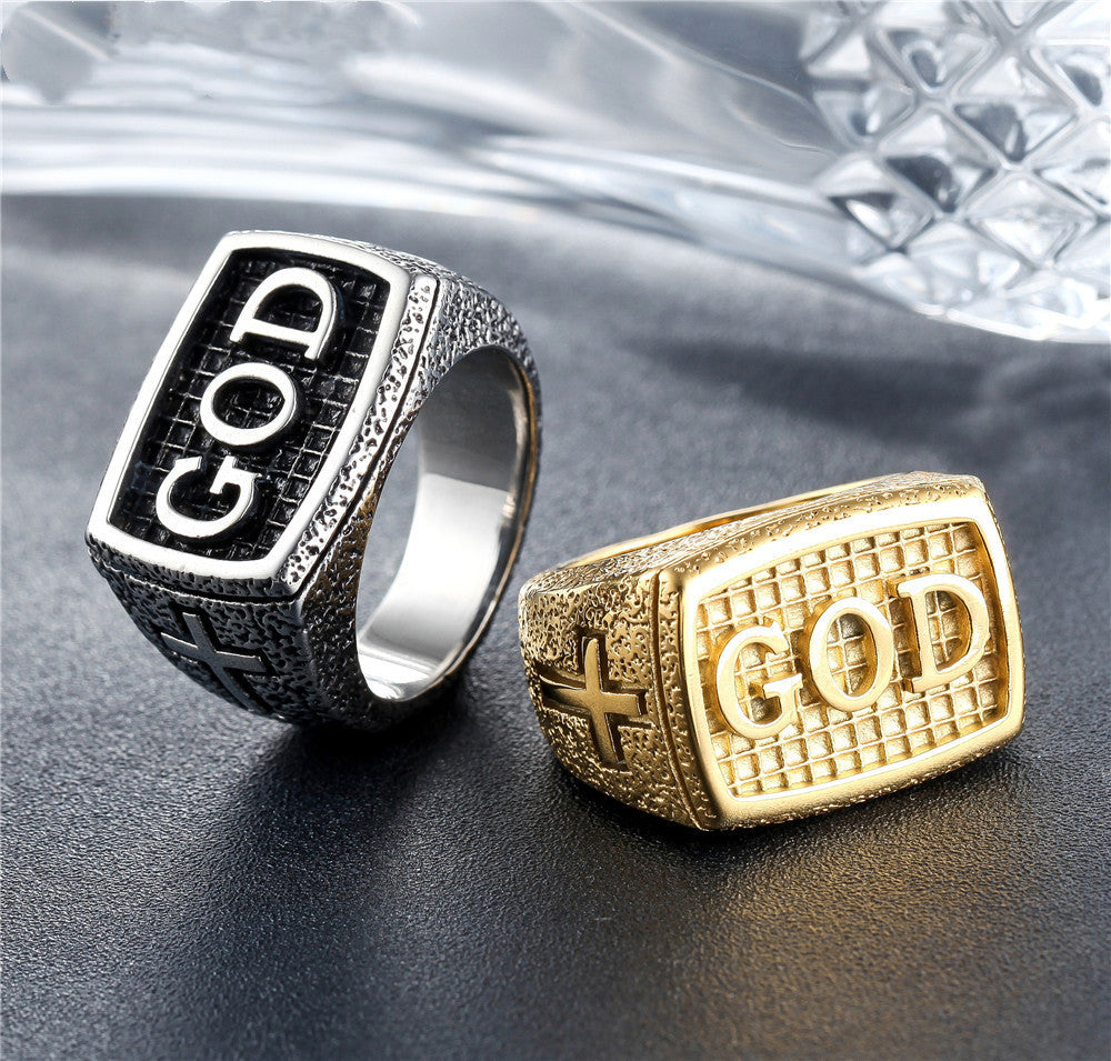 Retro Religious Cross God Men's Titanium Steel Ring