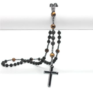 Men's Hematite Cross Rosary Necklace with Natural Stones
