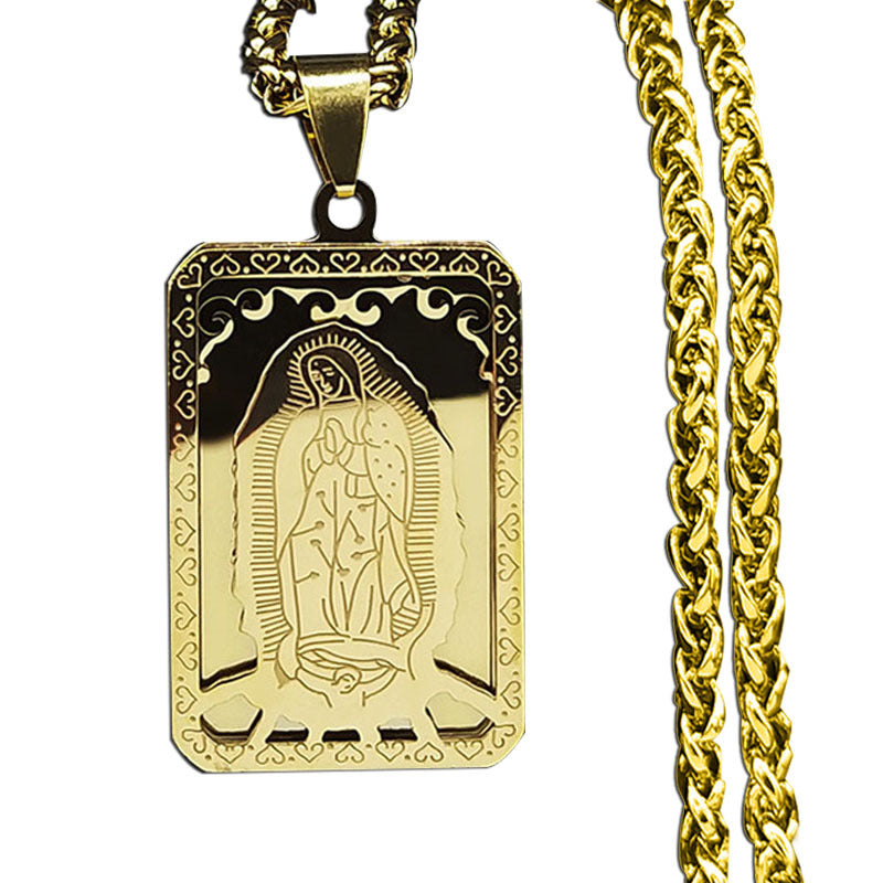 Vintage Square Medal Necklace with Virgin Mary Prayer