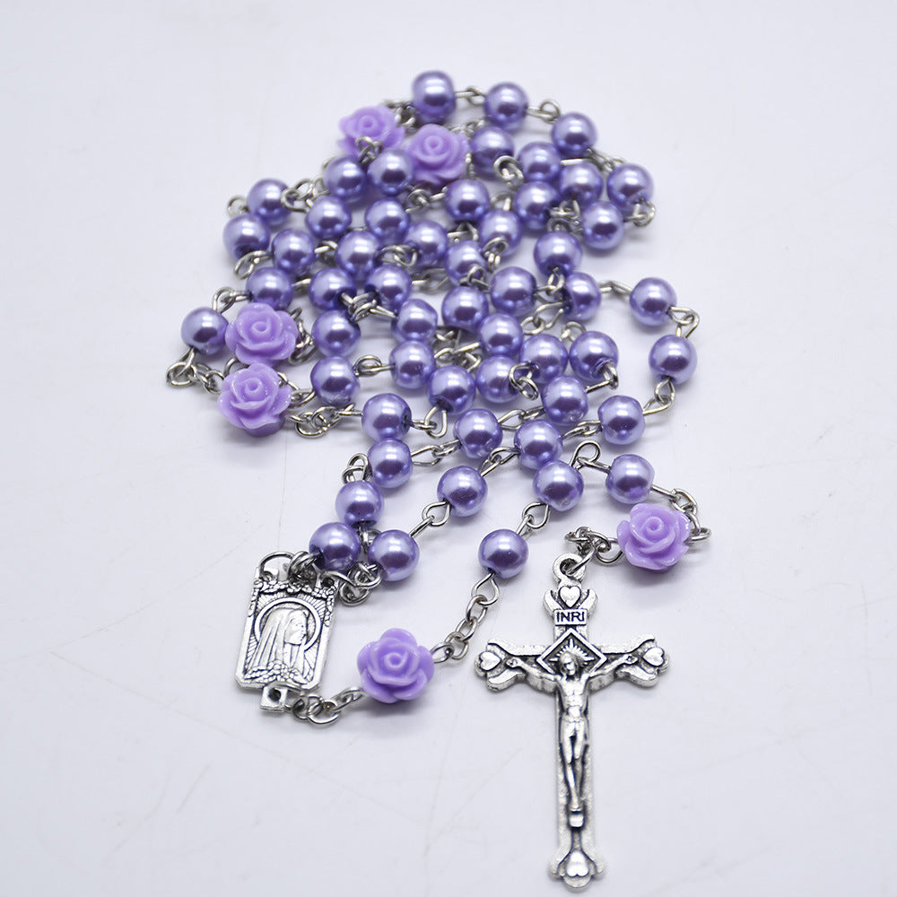 Cross-Border Pearl Rose Bead Necklace with Cross