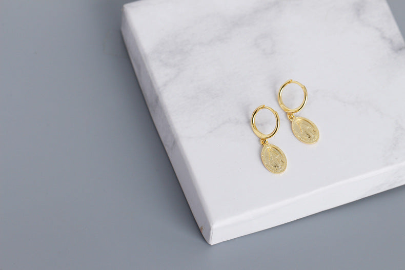 S925 Silver Earrings with Saint Mary Coin Design