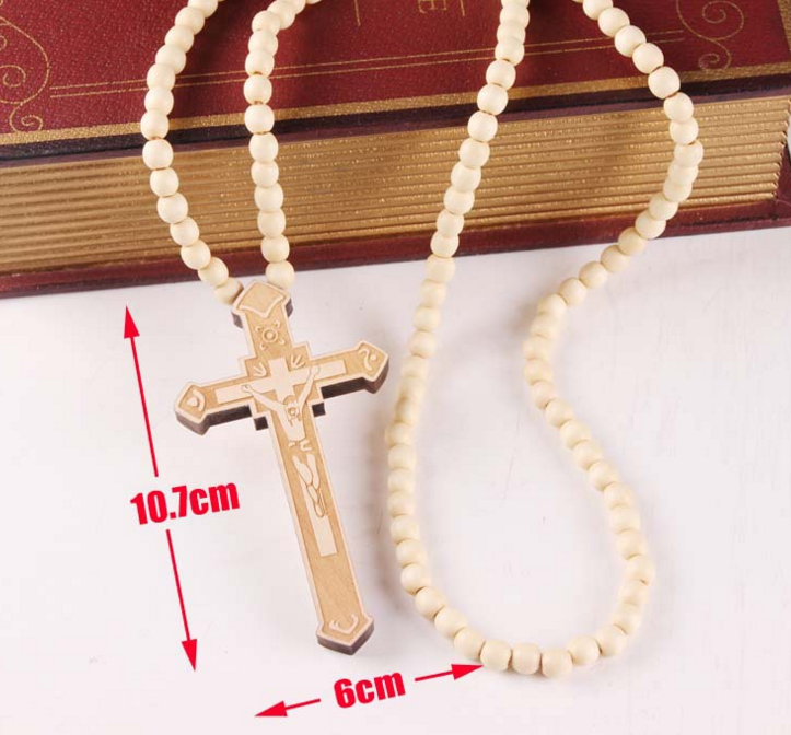 Wooden Bead Necklace with Cross Pendant
