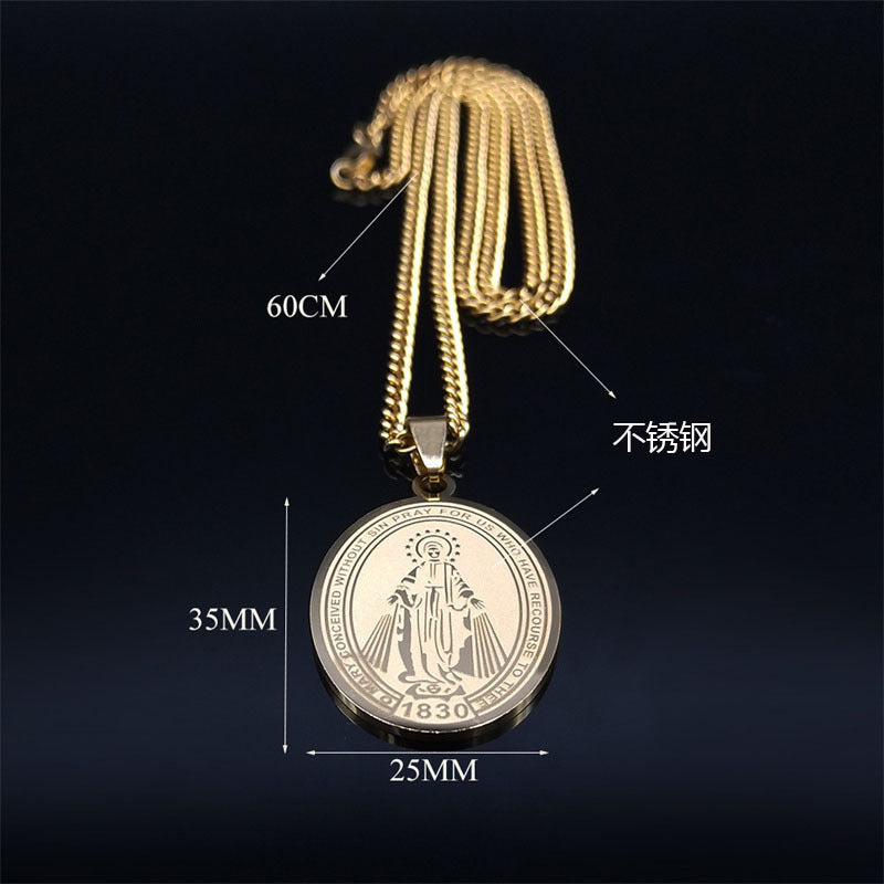 Oval Medal Necklace with Virgin Mary Prayer in Gold