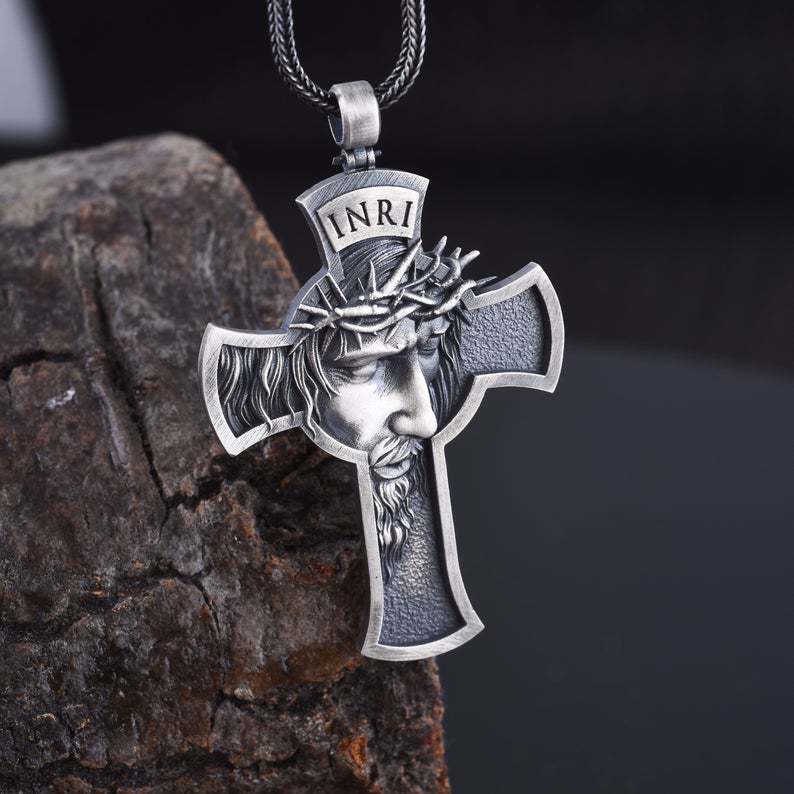 Vintage Jesus Cross Necklace with Leather Cord