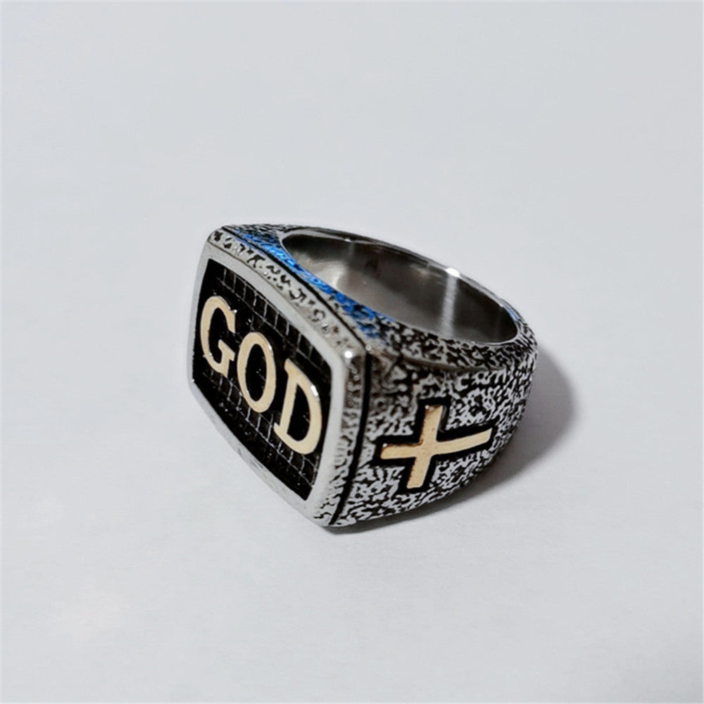 Retro Religious Cross God Men's Titanium Steel Ring