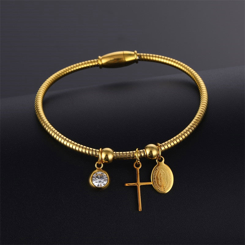 Stainless Steel Mary Bracelet with Cross and Beads