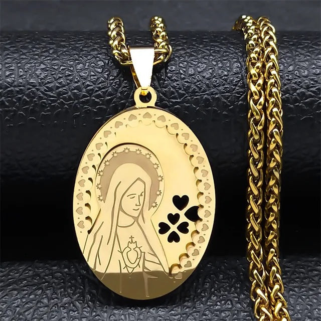 Vintage Square Medal Necklace with Virgin Mary Prayer