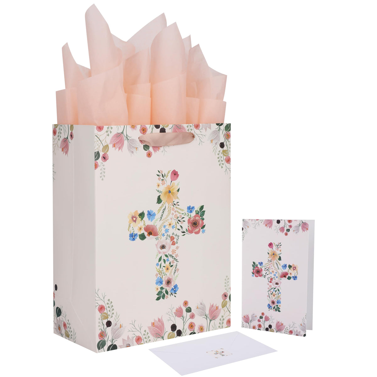 13" Large Light Yellow Gift Bag Set with Greeting Card and Tissue Papers (Floral Vine Cross) for First Communions Baby Girl Baptisms Christenings Religious Occasion Clergy Day - 10.2”x5.2”x13” 1 Pcs.