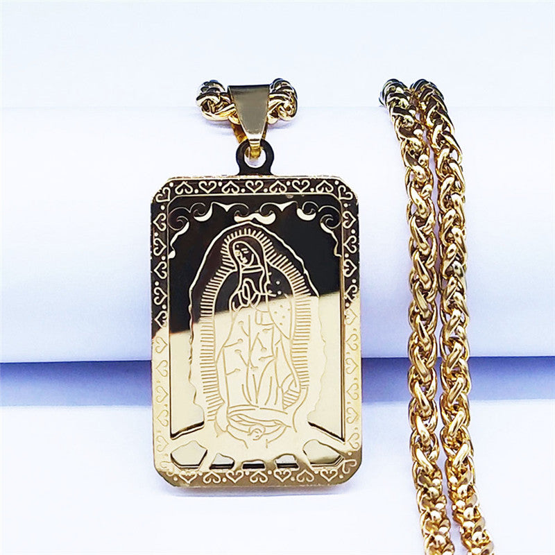 Vintage Square Medal Necklace with Virgin Mary Prayer