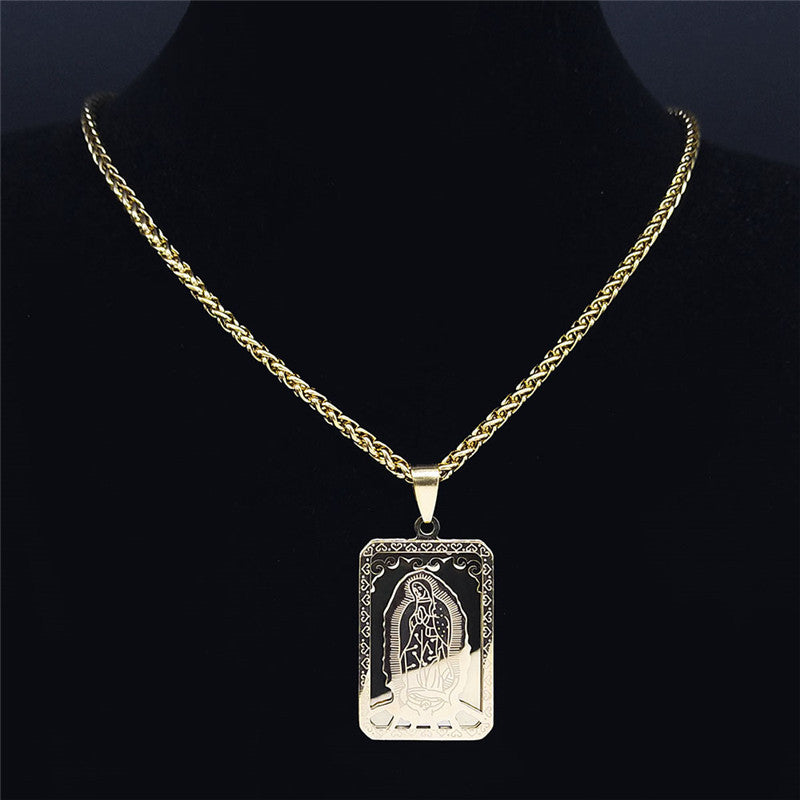 Vintage Square Medal Necklace with Virgin Mary Prayer